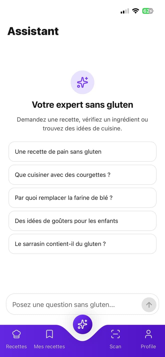 The in-app assistant suggests a gluten-free sandwich bread recipe