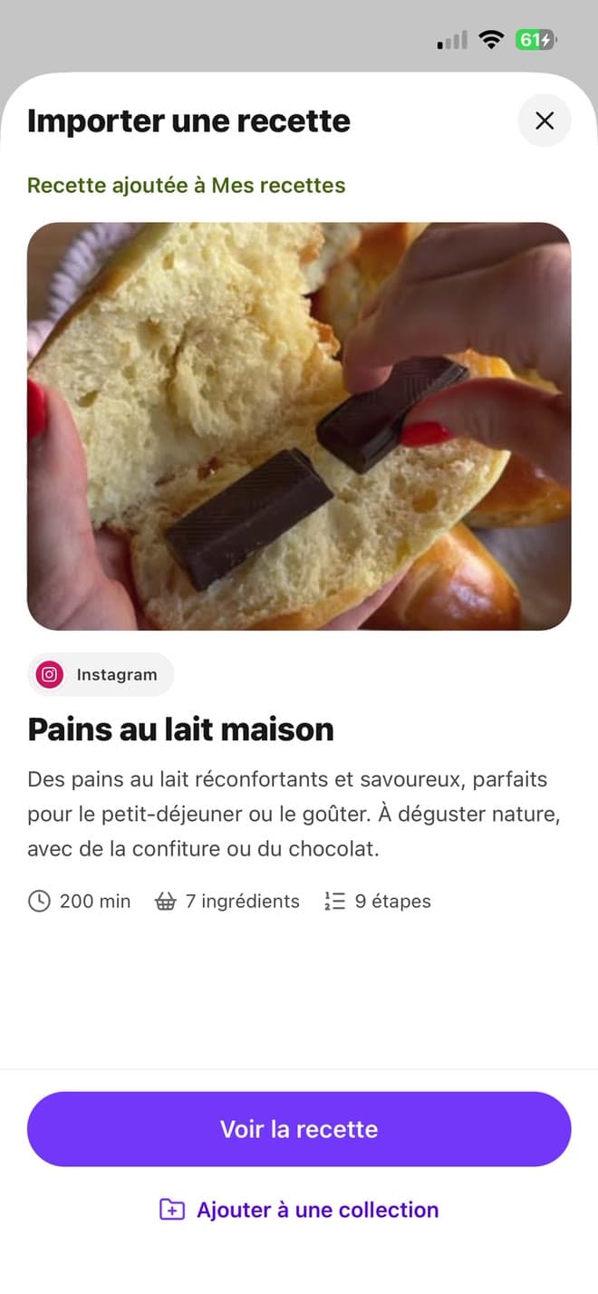 The app imports a recipe from an Instagram post and adds it to My recipes